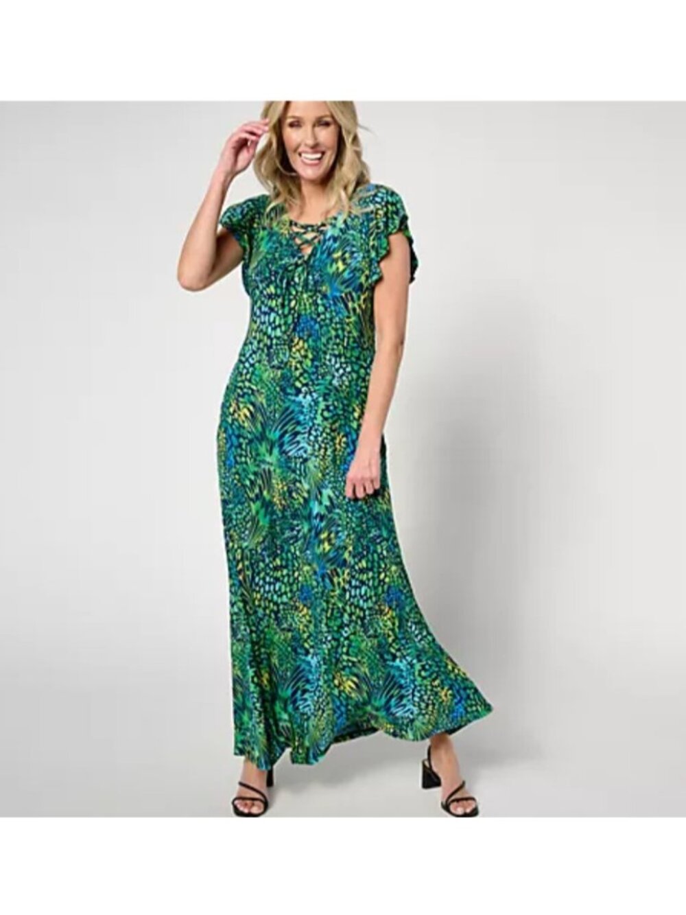 Attitudes by Renee Dress Como Jersey MP Lace Up Front Maxi Dress Green A643369